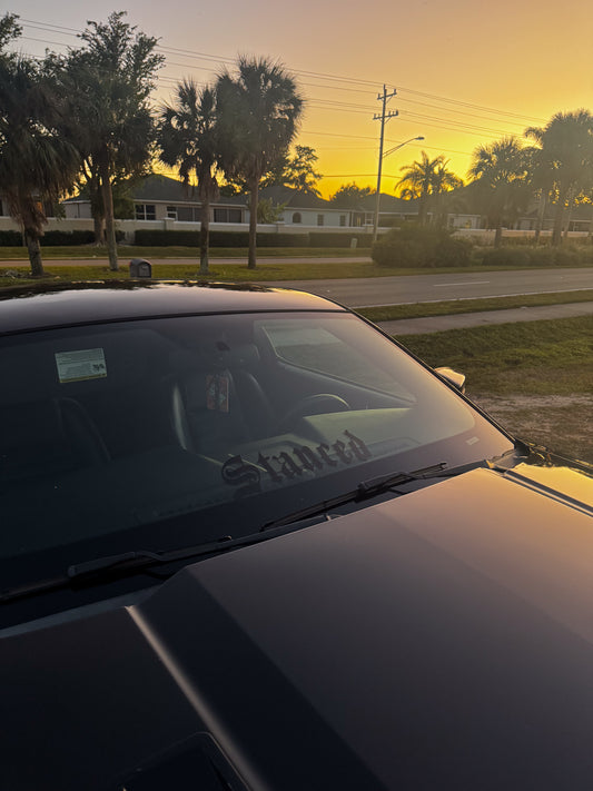 "STANCED" Windshield banner *Blackletter Font*